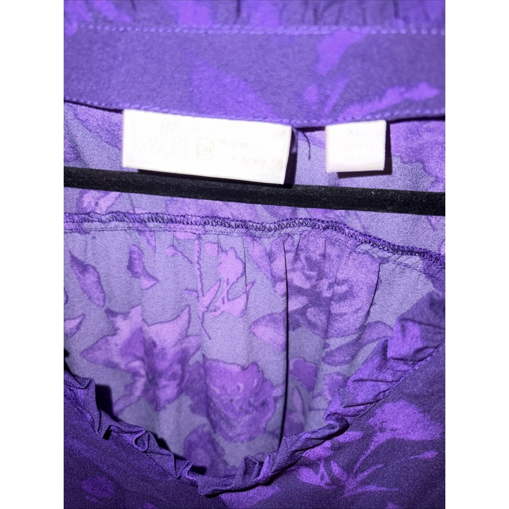 Belle Kim Gravel XL Purple Floral Ruffle Tunic Blouse Bell Sleeve Border Print - Picture 5 of 10
